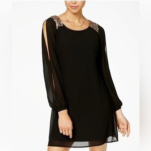 Chiffon sleeve black minidress, sequined shoulders • Sequin Hearts • medium